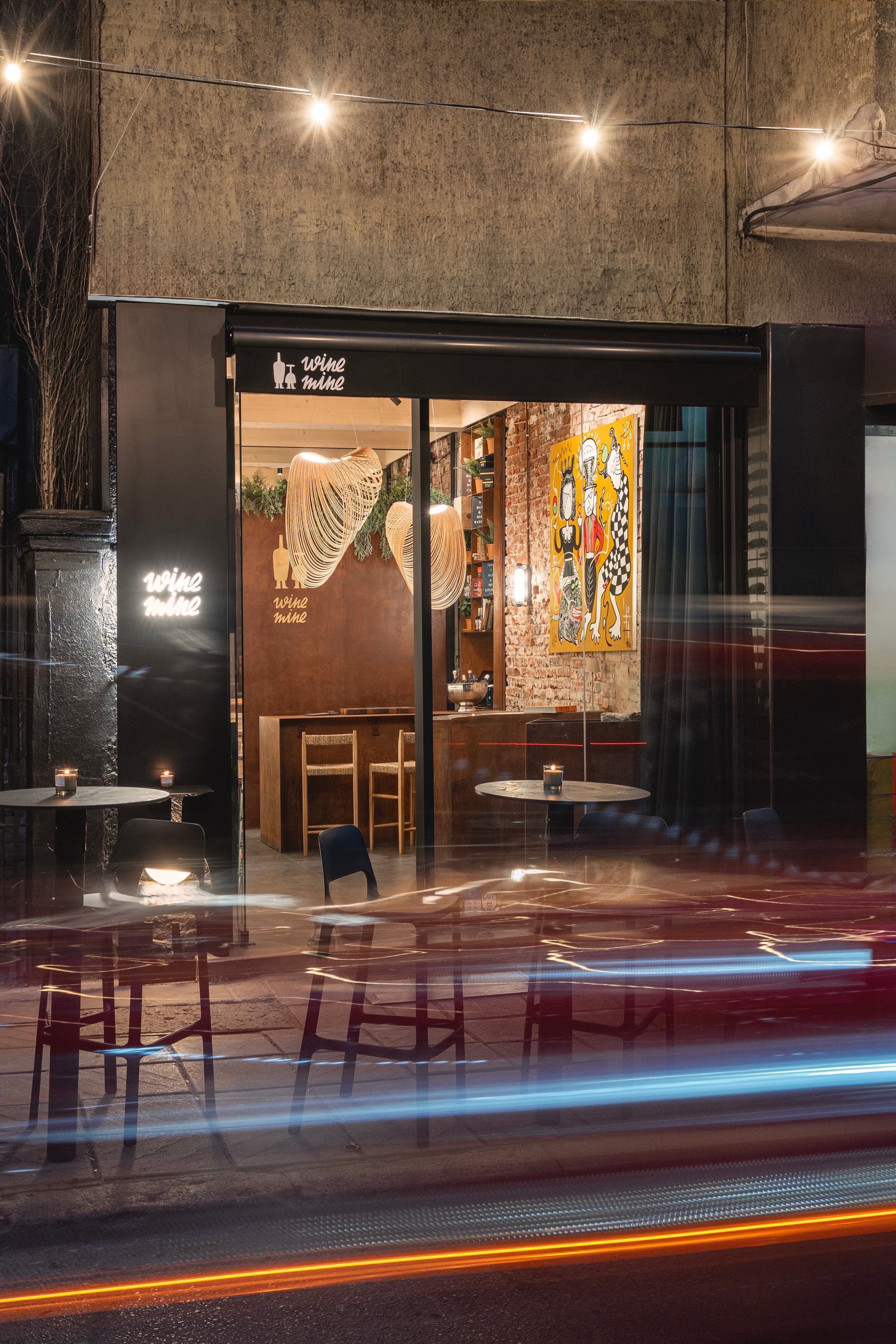 WineMine bar storefront at night, Sofia